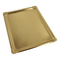 The Starpak 5 serving plates (34 x 45.5 cm), rectangular, gold-colored, made of cardboard with a PET coating and decorative corners, are shown against a neutral white background. Pack of 5.