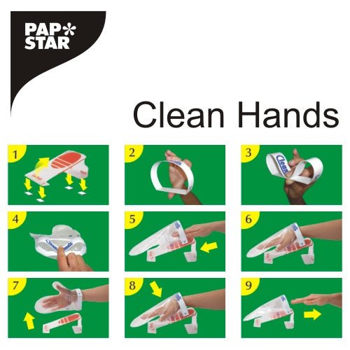 Una guía visual con el PAPSTAR Clean Hands Base Kit, acero inoxidable (11,5x12,7x22 cm), de PAPSTAR GmbH muestra en nueve paneles numerados con pasos de colocación y aseguramiento de la mano sobre un fondo verde, cómo ponerse un guante de plástico para la higiene.