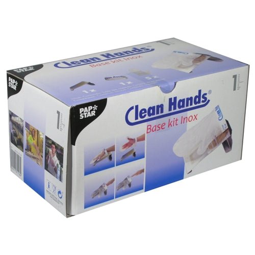 El PAPSTAR Clean Hands Base Kit, acero inoxidable (11,5x12,7x22 cm, plateado) de PAPSTAR GmbH viene en una caja plegable blanca con acentos azules y violetas y muestra ilustraciones de protección de manos para la aplicación higiénica.