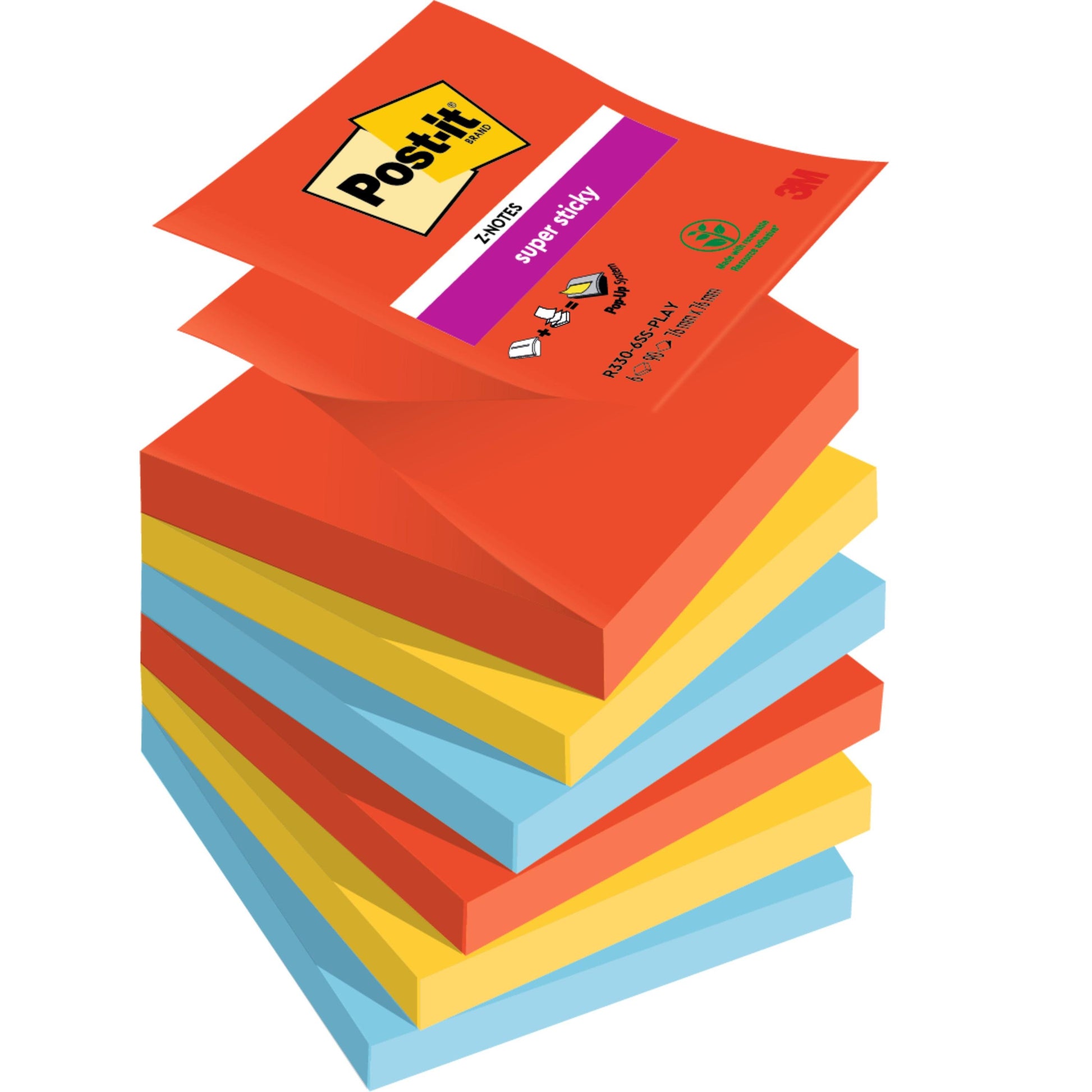 Ein Stapel 3M Post-it® Super Sticky Z-Notes, Boost Collection (76x76mm, 90 Blatt/Block, PEFC-zertifiziert), zeigt die oberste Notiz mit Produktinformation. Die Farben sind rot, gelb und blau.