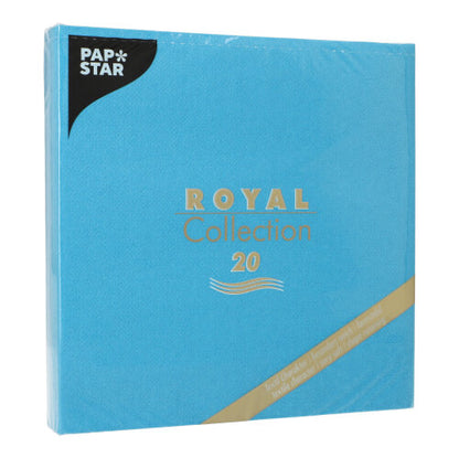 En blå kvadratisk pakke fra PAPSTAR GmbH med påskriften "20 servietter ROYAL Collection 1/4-fals 40x40 cm" inneholder 20 servietter, ideell for borddekking, pakket i klar plast.