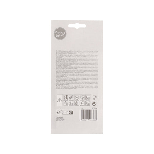 Die Rückseite einer PAPSTAR GmbH Geburtstagskerzen 10 cm, farbig sortiert mit Halter (12 Stück) Packung zeigt mehrsprachige Pflegehinweise, Warnsymbole, Piktogramme, einen Barcode und ein "Party Edition!"-Etikett - ideal für jede Geburtstagsfeier.