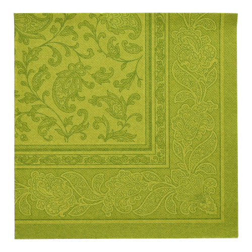 Grønn kvadratisk serviett fra PAPSTAR 20 servietter "ROYAL Collection" (40 x 40 cm, 1/4-fals) fra PAPSTAR GmbH med elegant paisley- og bladkant - ideell for den stilfulle borddekorasjonen.