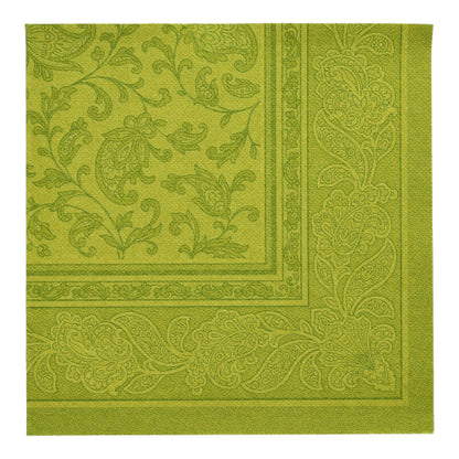 Grønn kvadratisk serviett fra PAPSTAR 20 servietter "ROYAL Collection" (40 x 40 cm, 1/4-fals) fra PAPSTAR GmbH med elegant paisley- og bladkant - ideell for den stilfulle borddekorasjonen.
