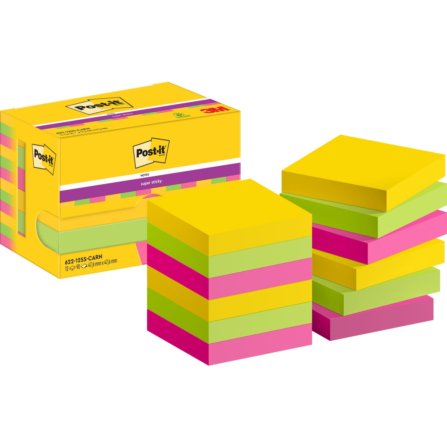 Eine gelbe Schachtel der 3M Deutschland GmbH Post-it® Super Sticky Notes (47,6 mm x 47,6 mm, 90 Blatt/Block, 100% PEFC) steht neben mehreren Stapeln quadratischer Zettel in Gelb, Grün und Rosa mit den Logos von Post-it und 3M.