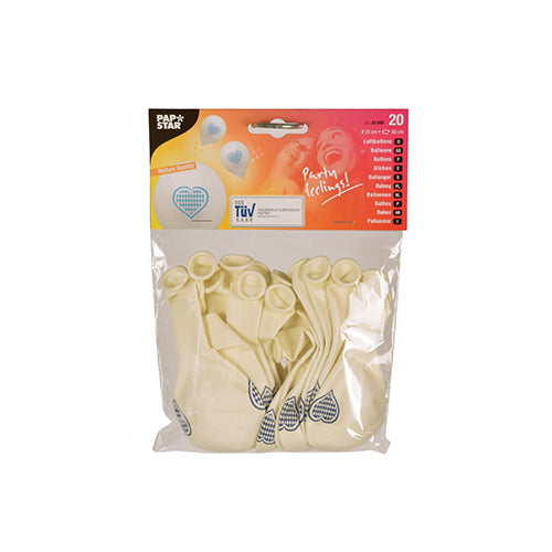 Paquete transparente con 20 PAPSTAR globos "Bayrisch Blau" (25 cm, látex blanco con patrón de corazón azul) de PAPSTAR GmbH; etiqueta superior rojo-blanco. Ideal para la decoración de Oktoberfest y otras celebraciones.