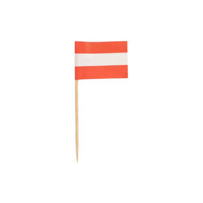 The PAPSTAR 200 decoration picks 8 cm from PAPSTAR GmbH features a toothpick flag with three horizontal red, white, and red stripes like the Austrian national flag – ideal for decorating finger food or catering.