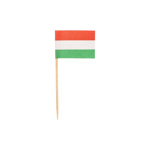 The PAPSTAR 200 decoration picks 8 cm from PAPSTAR GmbH presents a small rectangular flag with red, white, and green horizontal stripes on a wooden toothpick – ideal for finger food or stylish catering. Photographed against a plain white background.