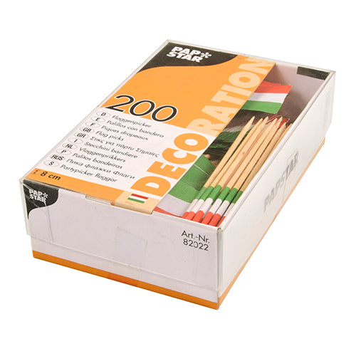 The PAPSTAR 200 decoration picks 8 cm from PAPSTAR GmbH includes 200 cocktail picks made of wood with red, white, and green flag decorations in a clear box with an orange and white brand label – ideal for finger food or catering.