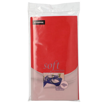 Eine Starpak-Tischdecke, stoffähnlich Vlies „Soft Selection“ (120 x 180 cm), ist in durchsichtiger Folie verpackt und zeigt auf der Vorderseite die gefaltete Tischdecke und ein kleines Bild eines gedeckten Esstisches.