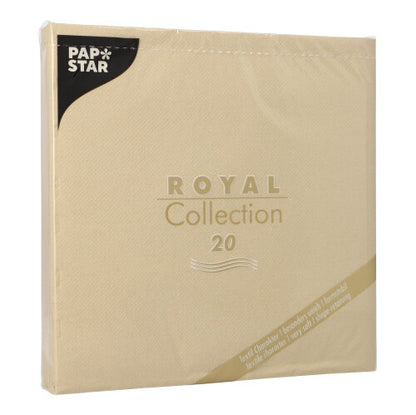 En beige PAPSTAR 20 servietter "ROYAL Collection" 1/4-brett (40x40cm) fra PAPSTAR GmbH med gylden tekst og svart etikett øverst til venstre - ideelt for en elegant borddekorasjon.