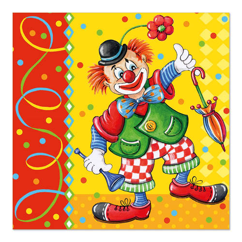 Ein Cartoon-Clown mit orangefarbenen Haaren, roter Nase und großen Schuhen steht auf einem bunten Hintergrund. Er hält ein blaues Horn und 100 PAPSTAR Servietten (3-lagig, 33x33cm) der PAPSTAR GmbH sowie einen gestreiften Regenschirm in der Hand. Der Clown trägt eine Fliege und einen Hut mit Blumenspitze.