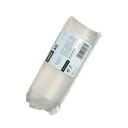 A plastic-wrapped package with 50 transparent Starpak dressing cups (PP, Ø7.1cm) with a white label showing product details, quantity, barcode, and recycling symbols.
