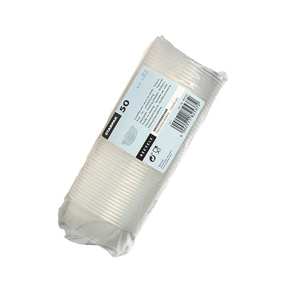 A plastic-wrapped package with 50 transparent Starpak dressing cups (PP, Ø7.1cm) with a white label showing product details, quantity, barcode, and recycling symbols.