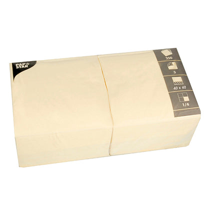 A stack of folded beige PAPSTAR 250 napkins, 3-ply 1/4-fold from PAPSTAR GmbH in a transparent package with a gray label indicating quantity, size, and product details.