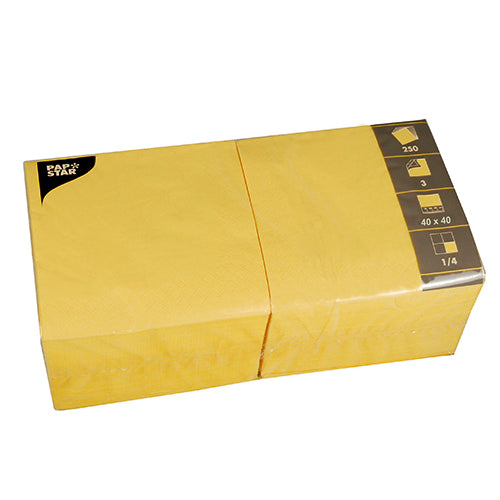 A sealed package PAPSTAR 250 napkins, 3-ply 1/4-fold from PAPSTAR GmbH, containing 250 yellow 3-ply napkins (40 x 40 cm, quarter-folded), with part of the label in the upper left corner.