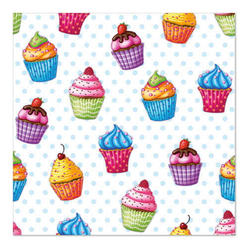 Et sømløst mønster av fargerike cupcakes med forskjellige glasurer og dekorasjoner, inspirert av PAPSTAR GmbHs 20 servietter 33x33cm 3-lags design sett 5, på en hvit bakgrunn med lyseblå prikker.