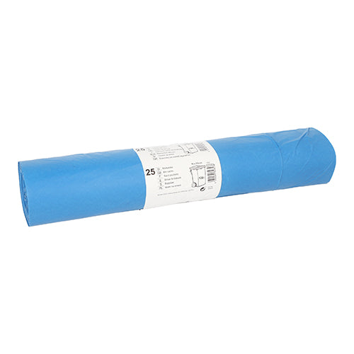 A roll of Starpak 25 garbage bags, LDPE 120 l (110 cm x 70 cm) in blue, with a white label in the middle containing product information and specifications.