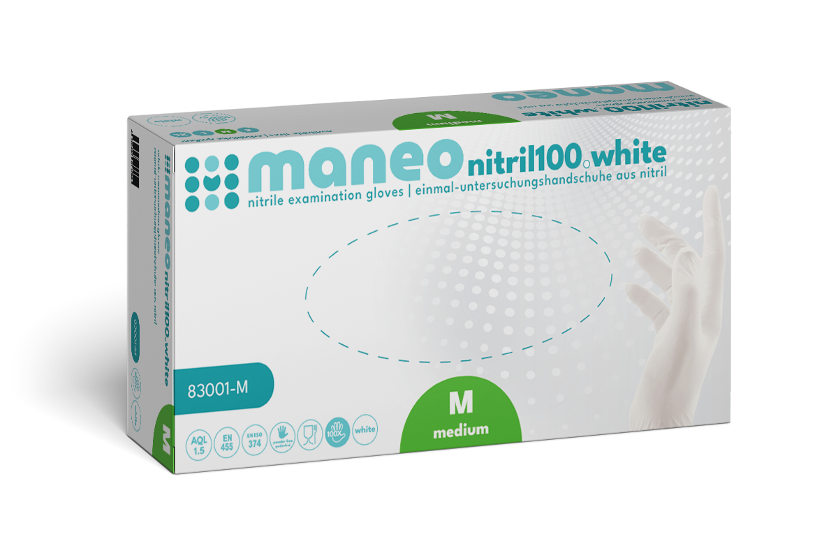 Eine Schachtel MANEO Nitril-Handschuhe, hygienisch und strapazierfähig der ARNOWA GmbH, mittlere Größe, zeigt auf der Vorderseite der Verpackung Produktdetails, Icons und die Abbildung einer behandschuhten Hand.