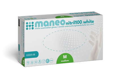 Eine Schachtel MANEO Nitril-Handschuhe, hygienisch und strapazierfähig der ARNOWA GmbH, mittlere Größe, zeigt auf der Vorderseite der Verpackung Produktdetails, Icons und die Abbildung einer behandschuhten Hand.