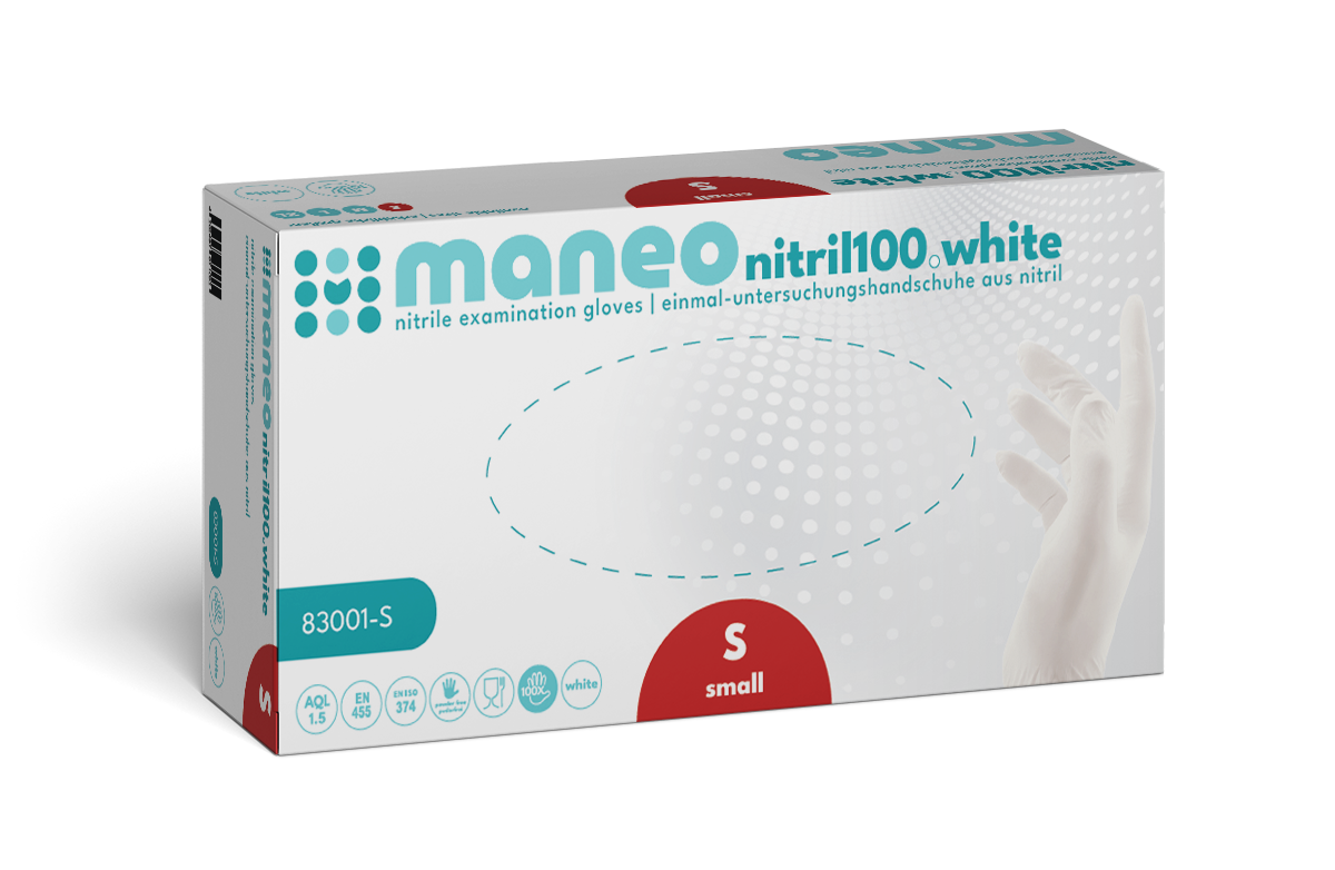 Eine rechteckige Schachtel MANEO Nitril-Handschuhe, hygienisch und strapazierfähig der ARNOWA GmbH in der Größe small zeigt ein blau-weißes Design mit Produktangaben und der Abbildung einer behandschuhten Hand auf der Vorderseite.