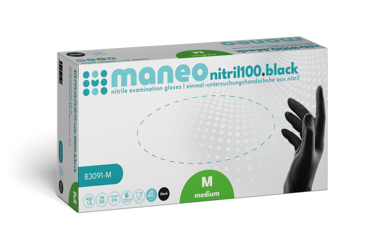 Eine rechteckige Schachtel der ARNOWA GmbH MANEO Nitril-Handschuhe, hygienisch und strapazierfähig, in mittlerer Größe. Die weiße Verpackung mit blaugrünen und schwarzen Details zeigt eine Hand, die auf der rechten Seite einen schwarzen Handschuh trägt.