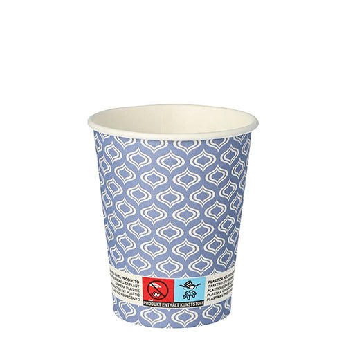 The Starpak 20 paper "To Go" cup (0.2 L) from Starpak features a blue-and-white geometric pattern and a warning label near the bottom indicating that it contains plastic and should not be disposed of with plastic recyclables.