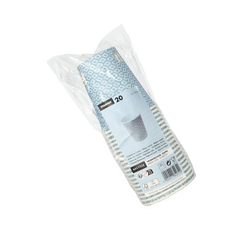 A 20-pack of Starpak “To Go” drinking cups made of recyclable cardboard (0.2 L, Ø 8–9.1 cm) with a blue geometric pattern. The packaging includes product information, recycling symbols, and a barcode.