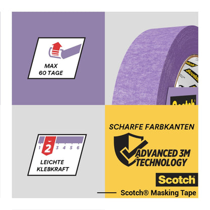 Gezeigt wird eine Rolle Scotch® Malerabdeckband für empfindliche Oberflächen (24 mm x 41 m) der 3M Deutschland GmbH mit Icons für 60-Tage-Verwendung, leichter Klebekraft, scharfen Farblinien und PEFC-Zertifizierung für Nachhaltigkeit.