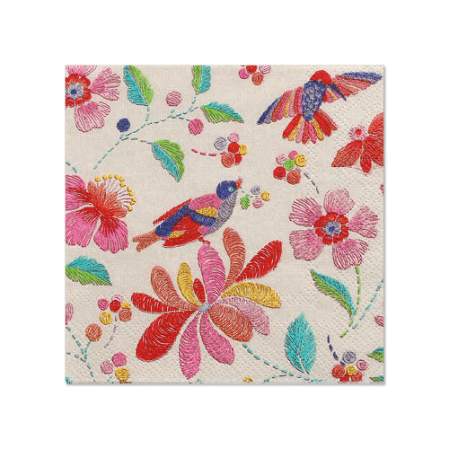 PAPSTAR 20 servilletas, 25x25 cm, 3 capas de PAPSTAR GmbH: servilletas coloridas con un patrón bordado de pájaros y flores en rojo, rosa, verde, amarillo y azul sobre un fondo claro, ideal como decoración de mesa elegante.
