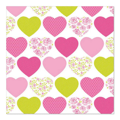 Et vakkert mønster av rosa og gule hjerter - noen ensfargede, noen med prikker eller blomster - pryder PAPSTAR GmbH 20 servietter, 33 cm x 33 cm, 3-lags, 1/4-fold design sett 1 på hvit bakgrunn.