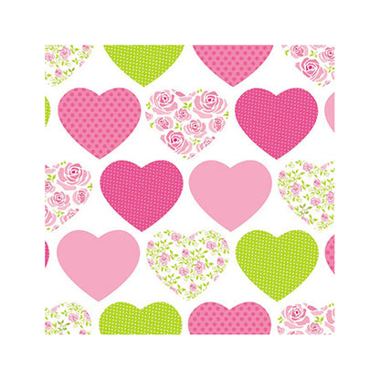 Un encantador patrón de corazones en rosa, verde y blanco, con diseños florales y punteados, adorna estas PAPSTAR 20 servilletas, 25 cm x 25 cm, 3 capas, de la PAPSTAR GmbH.