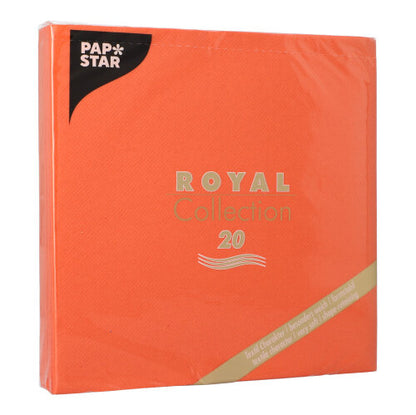 En pakke PAPSTAR 20 servietter "ROYAL Collection" 1/4-brett 40x40 cm fra PAPSTAR GmbH, med produktinformasjon i gull på premium-tissue emballasje.