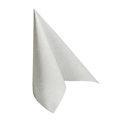 La servilleta blanca PAPSTAR 50 servilletas "ROYAL Collection" 1/4-pliegue 40 x 40 cm de PAPSTAR GmbH está de pie en una forma triangular doblada y está adornada con un sutil patrón de remolinos en relieve en la superficie.
