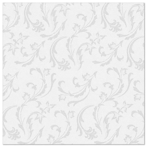 La PAPSTAR GmbH 50 servilletas "ROYAL Collection" 1/4-pliegue 40 x 40 cm en blanco muestran un elegante patrón de flores y remolinos de hojas en gris claro uniformemente distribuido sobre un fondo blanco liso.