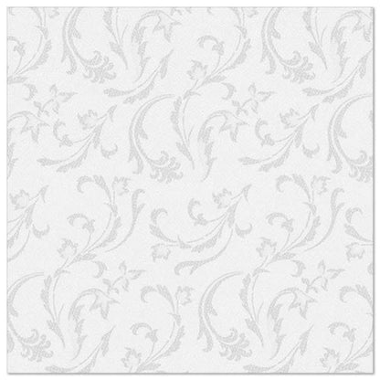 La PAPSTAR GmbH 50 servilletas "ROYAL Collection" 1/4-pliegue 40 x 40 cm en blanco muestran un elegante patrón de flores y remolinos de hojas en gris claro uniformemente distribuido sobre un fondo blanco liso.