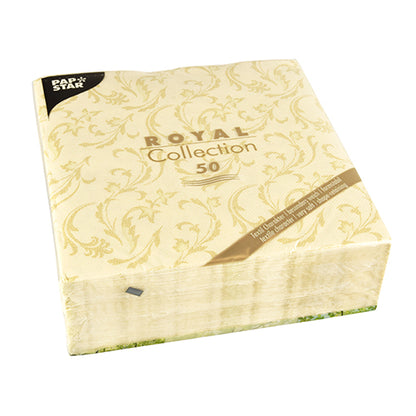 A pack of 50 PAPSTAR napkins "ROYAL Collection" (40 x 40 cm, champagne color, 1/4 folded) from PAPSTAR GmbH, plastic-wrapped with a decorative pattern and a black label in the upper left corner.