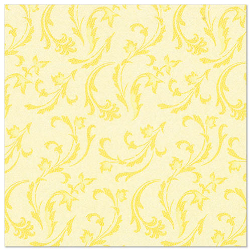 PAPSTAR GmbH 50 servietter "ROYAL Collection" (40 x 40 cm, gul, 1/4-fold) viser et gult blomster- og rankemønster på lys gul bakgrunn - ideell for det elegant dekkede bordet.