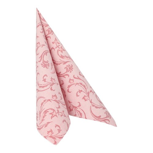 Una servilleta PAPSTAR de color burdeos de la colección ROYAL (40 x 40 cm, 1/4-pliegue) de la PAPSTAR GmbH está doblada en forma de triángulo y se mantiene erguida sobre un fondo blanco simple.