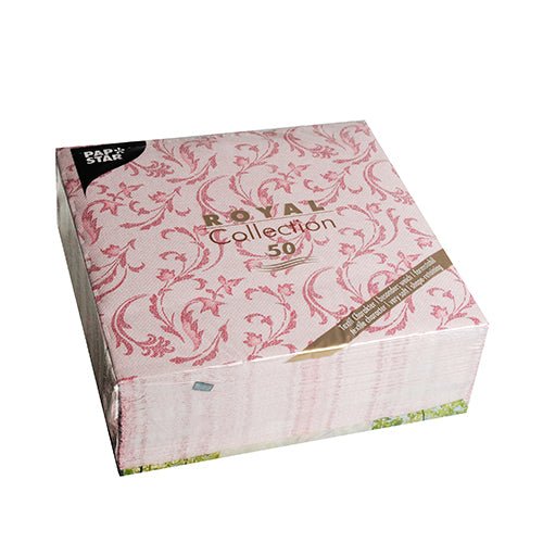 Un paquete de 50 servilletas PAPSTAR "ROYAL Collection" 1/4-pliegue, 40x40 cm, en burdeos de PAPSTAR GmbH. El empaque cuadrado resalta el elegante diseño de las servilletas en su interior.