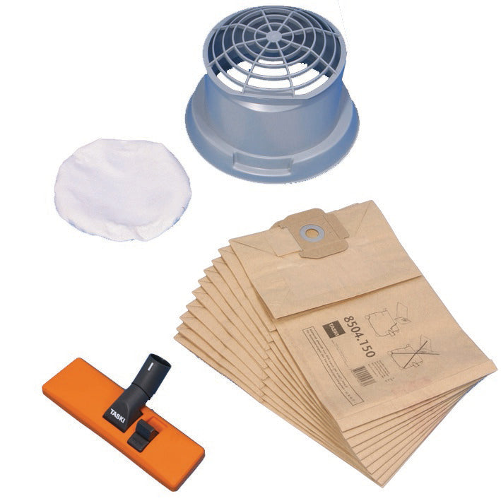 The accessory set for dry vacuuming for vacumat 12 from Diversey Germany contains a universal dust nozzle, a double filter paper bag, a filter basket, and a filter cloth (1 piece) for your vacuum cleaner accessory needs.