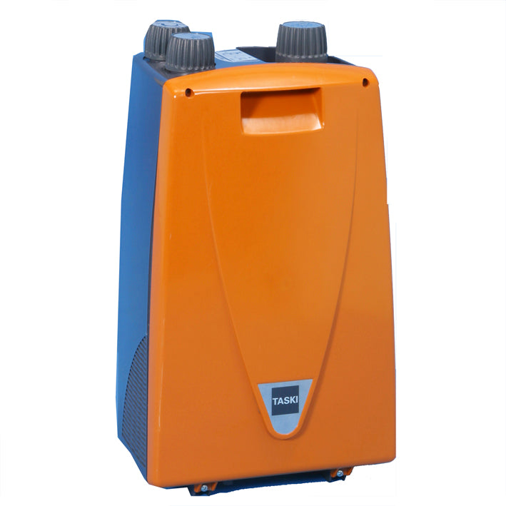 Ein aufrechtes, rechteckiges Schaumerzeuger 230 V Gerät (von Diversey Deutschland GmbH & Co. OHG) für TASKI ergodisc 165/duo; orange und blau mit zwei grauen Kontrollknöpfen oben, einem vorderen Griff und einem kleinen "Taski" Etikett in der Nähe des Bodens.