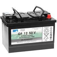 The Diversey Deutschland GmbH & Co. OHG battery traction block is a rectangular, black-and-gray 12V/50Ah maintenance-free gel battery with carrying handles, product labels, technical specifications, safety symbols, and recycling information on the side.