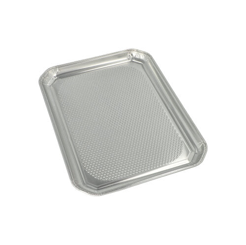 Starpak 5 serveringsfat, aluminium rektangulær 35 cm x 26 cm, er rektangulære aluminiumskuffer med lett forhøyet kant og strukturert underside, ideell for serveringsbransjen, hygienisk pakket i krympefolie.