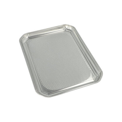 Starpak 5 serveringsfat, aluminium rektangulær 35 cm x 26 cm, er rektangulære aluminiumskuffer med lett forhøyet kant og strukturert underside, ideell for serveringsbransjen, hygienisk pakket i krympefolie.