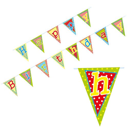 La PAPSTAR guirnalda "Feliz Cumpleaños" (4 m, papel lacado) de PAPSTAR GmbH consta de coloridos banderines triangulares con diferentes patrones y colores, cada uno mostrando una letra para "Feliz Cumpleaños".