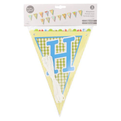 La PAPSTAR guirnalda "Feliz Cumpleaños" (4 m, papel lacado) de PAPSTAR GmbH es ideal para la decoración de cumpleaños, con coloridas banderitas y una imagen de ejemplo de cumpleaños en la etiqueta superior. Incluye cuerda blanca.