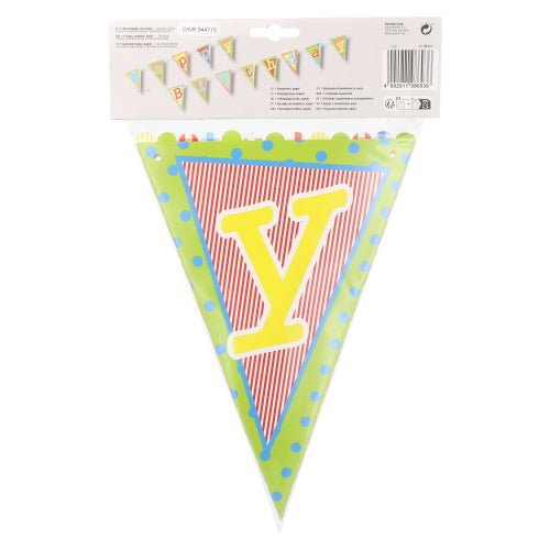 PAPSTAR GmbH guirnalda "Feliz Cumpleaños": Banner de 4m de largo en rayas rojas/blancas con letras amarillas y bordes coloridos - decoración ideal para cumpleaños. Hecho de papel lacado, 1 pieza por paquete.