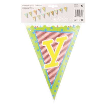 PAPSTAR GmbH guirnalda "Feliz Cumpleaños": Banner de 4m de largo en rayas rojas/blancas con letras amarillas y bordes coloridos - decoración ideal para cumpleaños. Hecho de papel lacado, 1 pieza por paquete.
