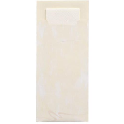 Un portacubiertos color crema PAPSTAR GmbH 520 (20x8,5cm, 2 capas) con solapa rectangular está parcialmente abierto y revela la servilleta a juego en el interior; la superficie lisa presenta variaciones de color sutiles.